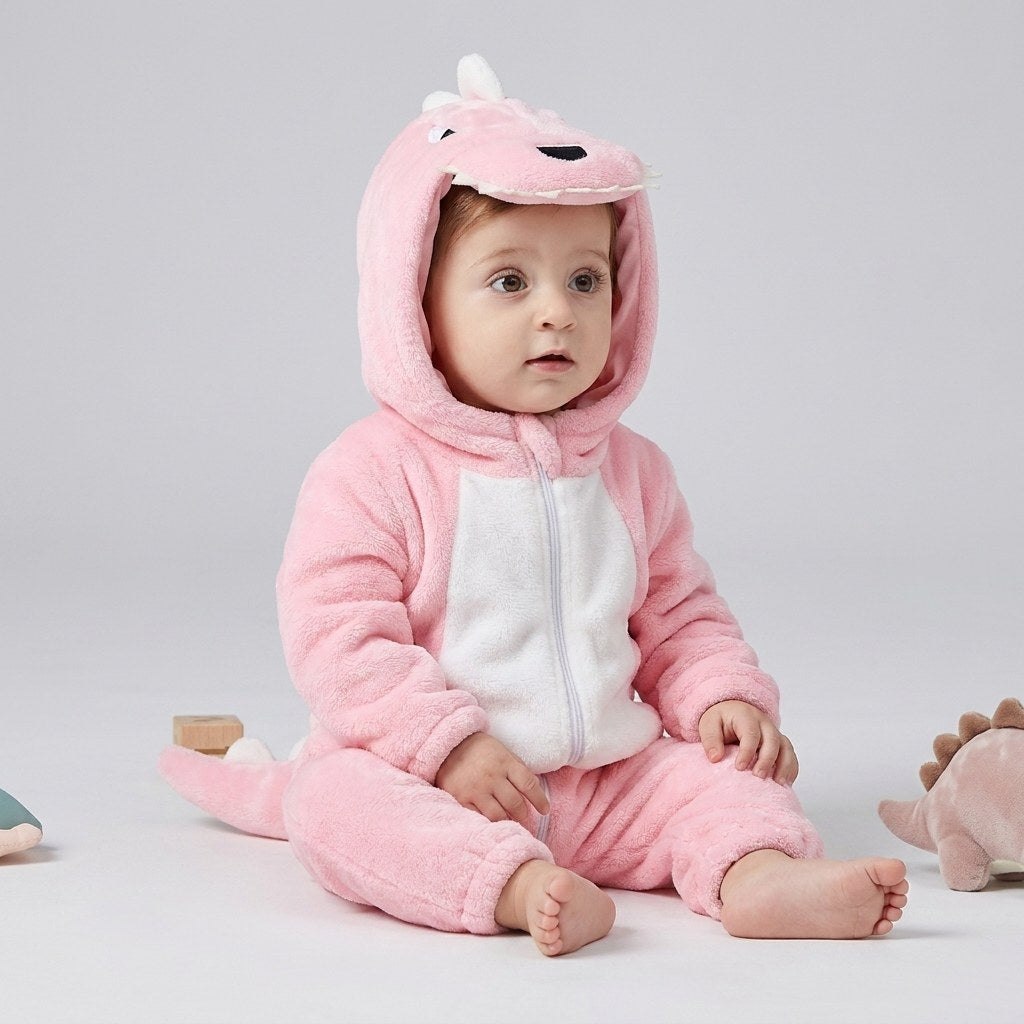 Bébé assis en combinaison dinosaure rose à ventre crème