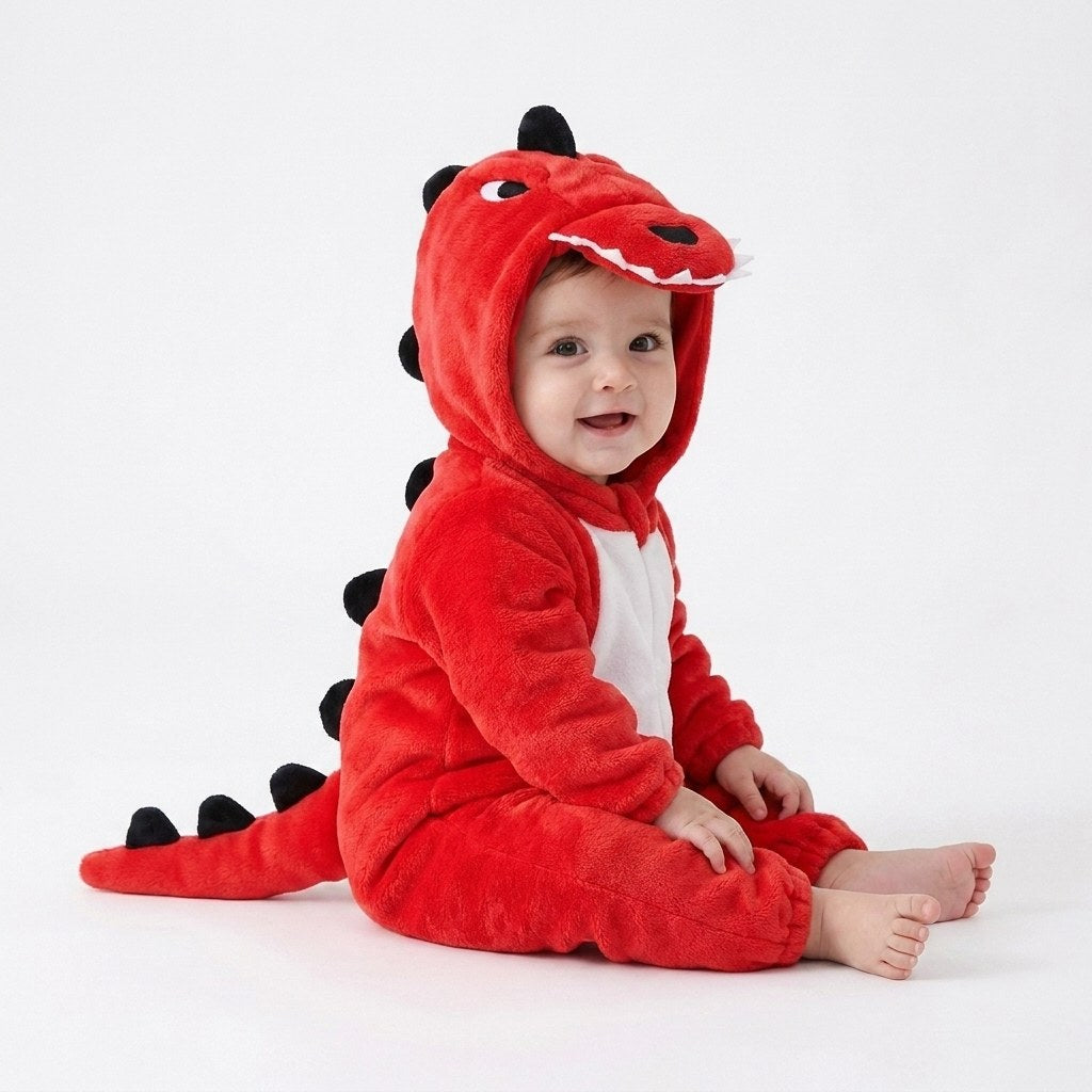 Bébé assis en combinaison dinosaure rouge à ventre blanc et pics noirs