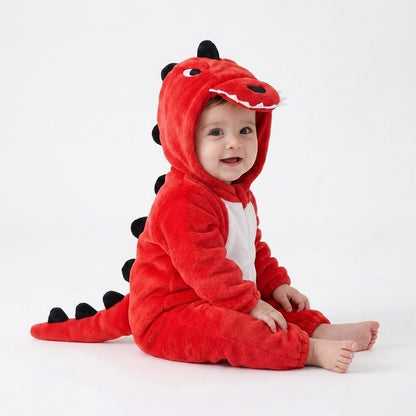 Bébé assis en combinaison dinosaure rouge à ventre blanc et pics noirs