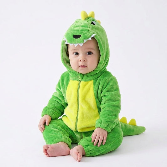 Bébé assis en combinaison dinosaure verte à capuche
