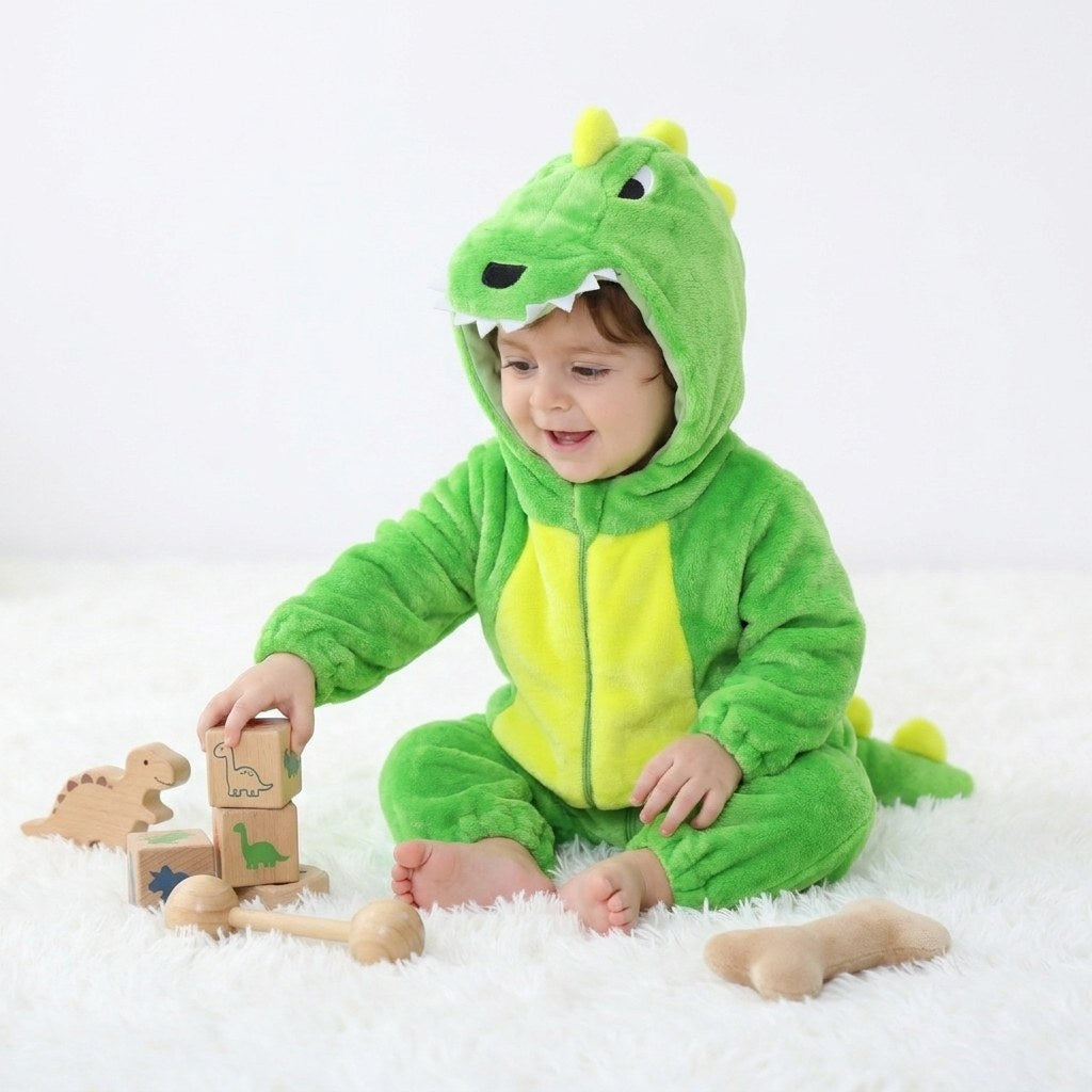 Bébé en combinaison dinosaure verte jouant avec des cubes en bois