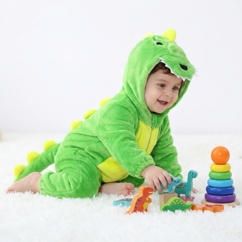 Bébé à quatre pattes en combinaison dinosaure verte, entouré de jouets