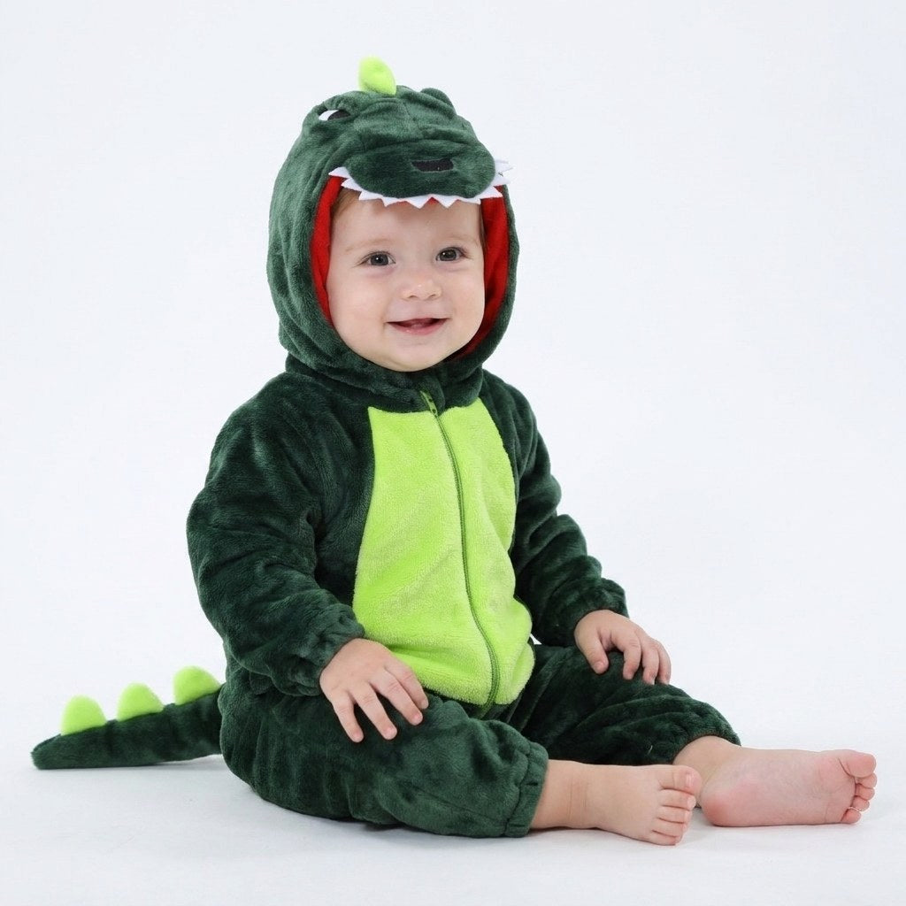 Bébé assis en combinaison dinosaure vert foncé à ventre vert anis